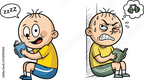 Cartoon child reading flat vector, emotional study contrast, stressed student, relaxed kid, financial pressure, sleep reaction, education illustration