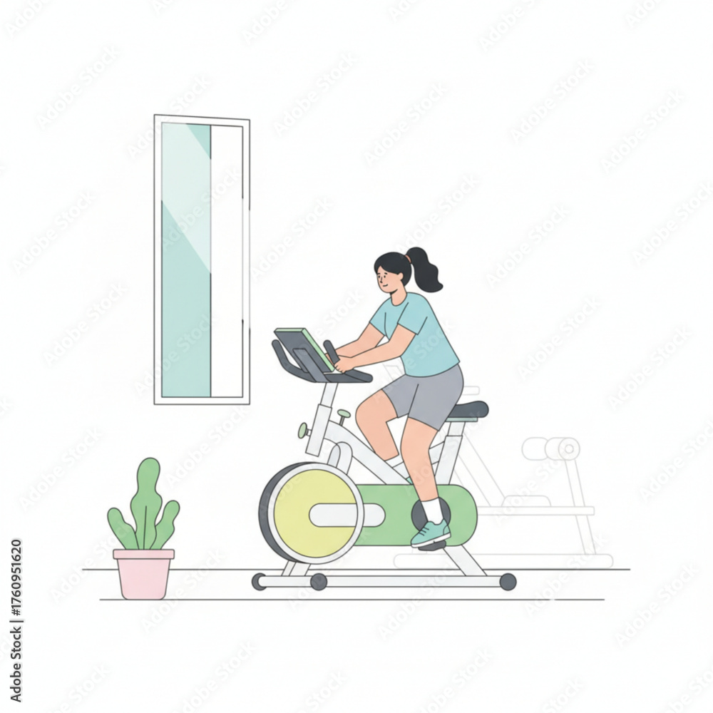 Fototapeta premium A woman exercising on a stationary bike indoors, focusing on fitness, endurance, and a healthy lifestyle