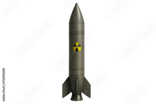 Ballistic nuclear missile with radiation symbol, representing global warfare threat and geopolitical conflict