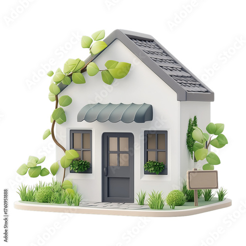 Cute Eco Friendly Home with Garden and Leaves Isolated on Transparent Background