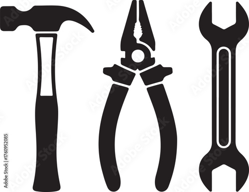 Silhouette of a Hammer, Pliers, and Wrench Arranged Vertically on a White Background tools hardware