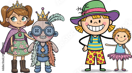 Cartoon children costume flat vector, whimsical dress-up kids, fantasy outfits, playful characters, creative fashion, fairytale theme illustration
