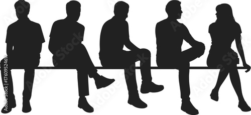 Flat vector illustration of seated people silhouettes on bench, side profile, casual posture, minimal design, black and white concept