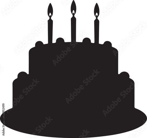 Silhouette of a Tiered Birthday Cake with Three Lit Candles on a White Background celebration