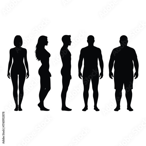 Human body silhouettes different body types and poses for health fitness and anatomy representation