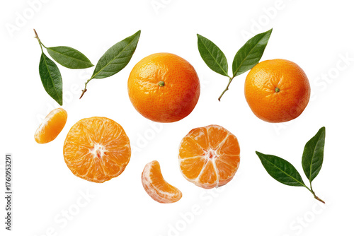 Fresh mandarins and segments, overhead view