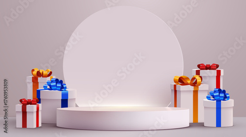 Product Podium with Gift Boxes. Perfect for sales, promotions, or festive displays. Vector illustration.