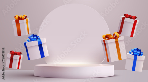 Product Podium with Gift Boxes. Perfect for sales, promotions, or festive displays. Vector illustration.