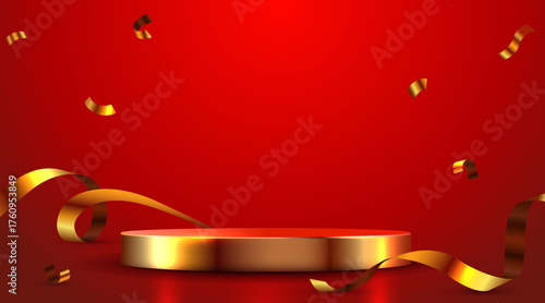Luxurious golden podium on a red background with elegant ribbons, ideal for product display or a festive event. Vector illustration.