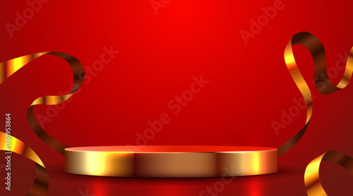 Luxurious golden podium on a red background with elegant ribbons, ideal for product display or a festive event. Vector illustration.