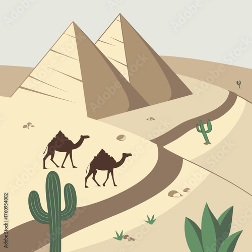 Vector art of camels walking through the desert with pyramids and cacti in the background