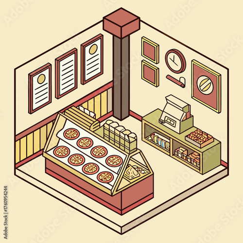 Vector art of isometric illustration of a pizza shop interior with display case