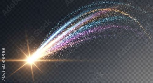 Abstract illustration of a luminous comet, streaks across a dark, transparent canvas. the vivid depiction of light and motion, showcasing a dazzling display of color. vector illustration