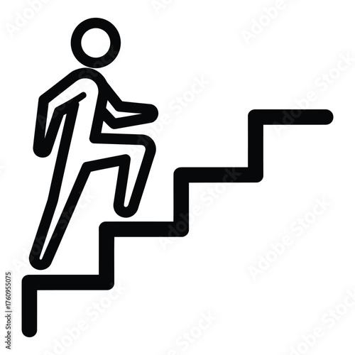 Simple black silhouette icon of a person ascending stairs moving upwards towards success and goals