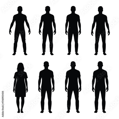 Silhouettes of diverse men and women figures standing in full view for comparison or design