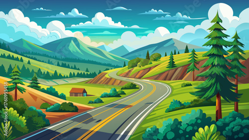 Very beautiful scenic Arkansas country road winding through rolling green hills under a bright summer sky, offering a peaceful and picturesque drive along a classic USA highway.