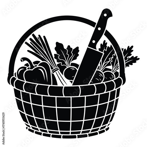Fresh vegetables and knife in wicker basket ready for healthy meal preparation