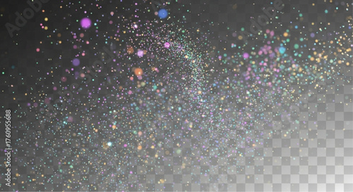 An ethereal display of sparkling particles cascades gracefully, creating a mesmerizing spectacle of light, color, and texture against a transparent backdrop. vector illustration overlay