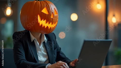 Business woman with a jack-o-lantern pumpkin head sitting in a office interior, combining humor and spooky festive mood. Concept of Halloween celebration, business creativity, marketing industry. 