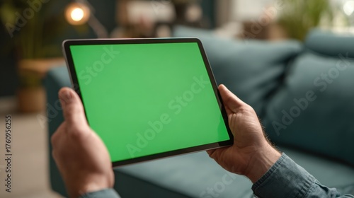 Young person holding a digital tablet with green screen in a dining room. Computer Mockup. Person using digital tablet green background display. Chroma key device. Closeup. Personal view. POV
