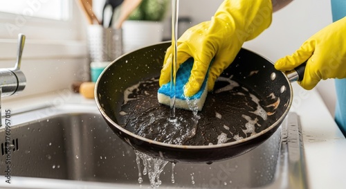A person wearing yellow gloves is washing a black frying pan in a kitchen sink.
