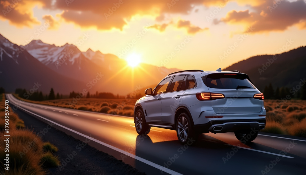 Fototapeta premium Sunrise road journey with modern car on scenic highway