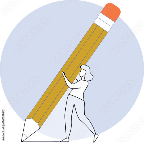 Woman carrying a large yellow pencil with orange eraser against a light blue circular background