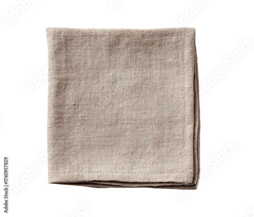 A light beige linen napkin, square-shaped, lies flat.  It shows a textured, slightly rough weave