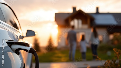 Electric car charging with family and house having solar panel in background at sunset. Sustainable, green energy for home and vehicle.