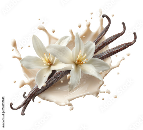 Vanilla beans and flowers in a milk splash