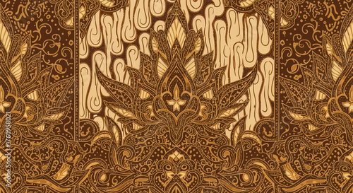 Detailed Textile Design with Intricate Floral and Abstract Elements in Earthy Tones