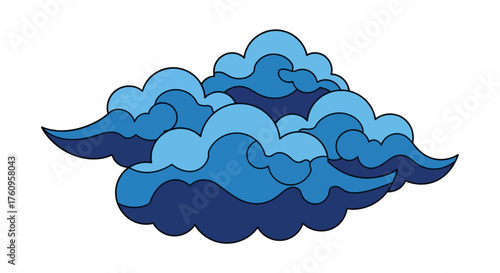 Stylized Blue Cloudscape Illustration with Layered Design and Dynamic Forms
