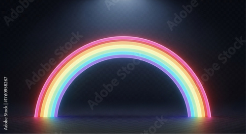 A captivating neon rainbow in a dark background, this image exudes a sense of wonder and hope, its vibrant colors illuminating the darkness. vector illustration overlay