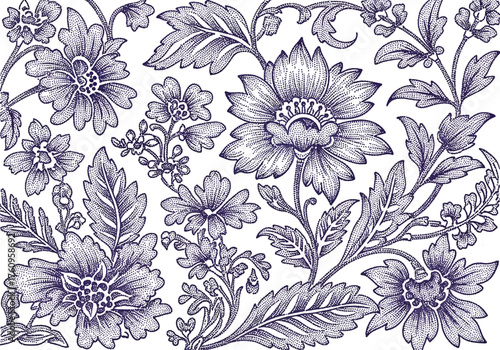 Detailed Floral Pattern Vintage Style Flowers and Leaves Illustration