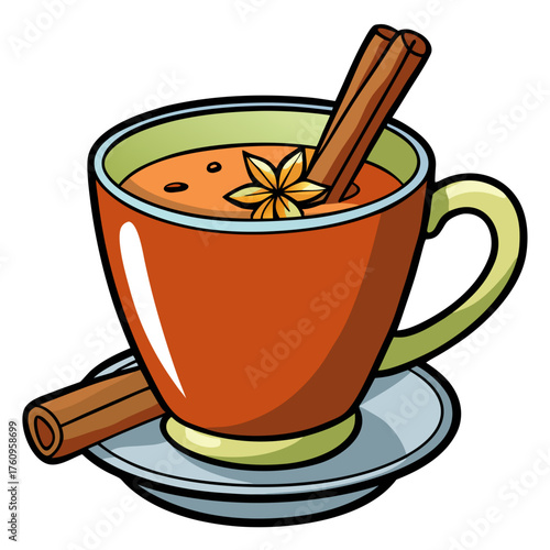 Hot spiced drink in orange cup with cinnamon and star anise  