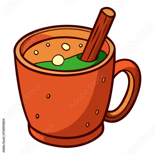 Illustration of a warm drink with cinnamon stick in a mug  