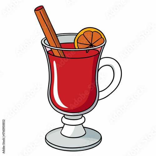 Colorful hot drink with cinnamon stick and orange slice in glass  