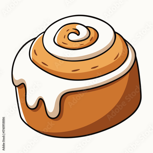 Cinnamon roll with creamy frosting on white background  