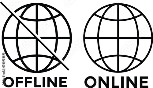 Internet connection status icon set. Online and Offline Internet Connection Icon set. showing online, offline, no signal, and connected network states. 

