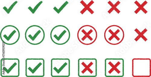 Check marks and X symbols, approval icons, disapproval signs, validation graphics, brushstroke, circle, square styles, UI elements, decision indicators