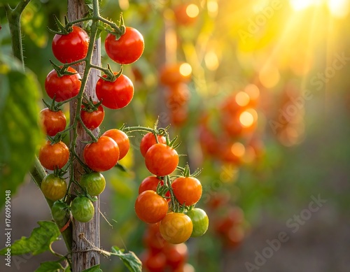 Close-up of ripe tomatoes on vine with green leaves in a garden, with bright sunlight and a shallow depth of field