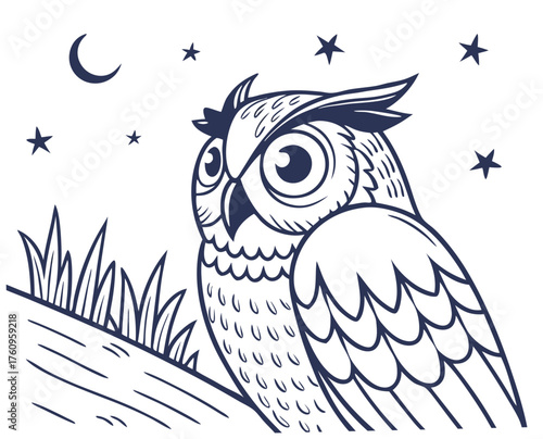 Illustrated owl sitting on a hill under a starry night sky  