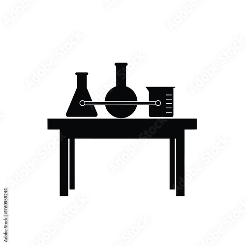 Black laboratory flasks and beaker on a table vector