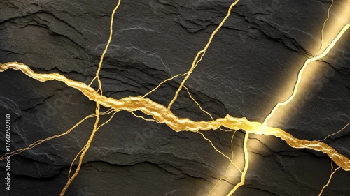 Abstract Black Stone Texture with Glowing Gold Veins.