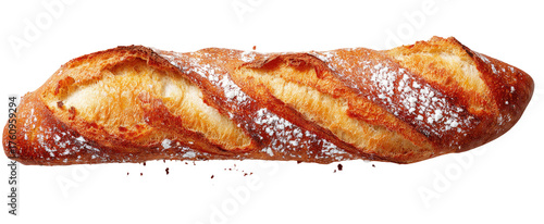 A long, golden-brown baguette, sprinkled with flour