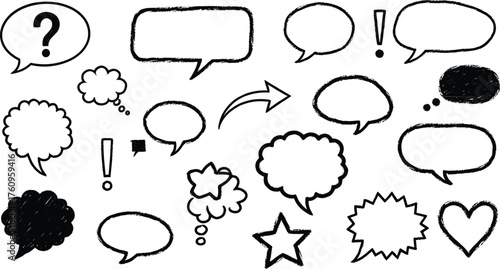 Speech bubbles and thought clouds, comic symbols, punctuation marks, hand-drawn style, visual storytelling elements, communication icons, sketch illustration set