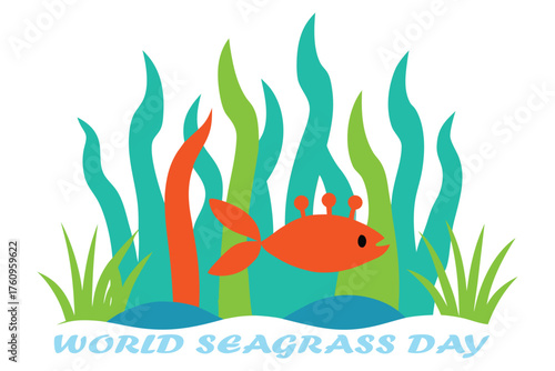 World Seagrass Day Underwater City Marine Life Vector Illustration