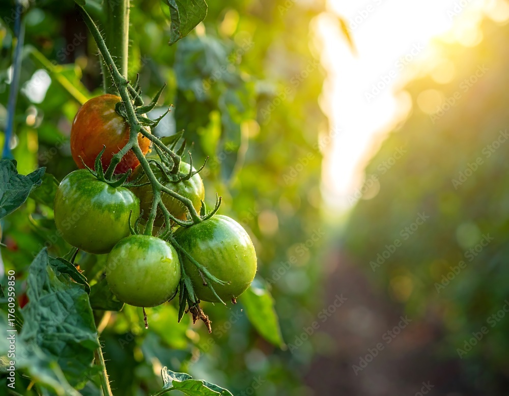 Obraz premium Close-up of ripening tomatoes on the vine, bathed in warm sunlight, with a blurry background of a greenhouse
