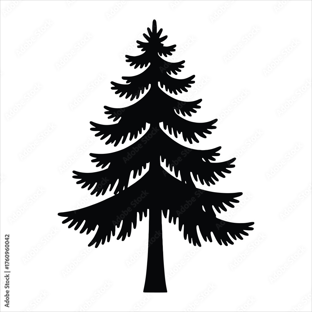 Obraz premium Silhouette of a tall evergreen pine tree against a white background