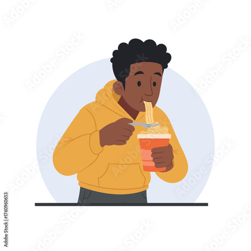 Man eating instant noodles, flat vector illustration. Modern lifestyle, fast food, food consumption.